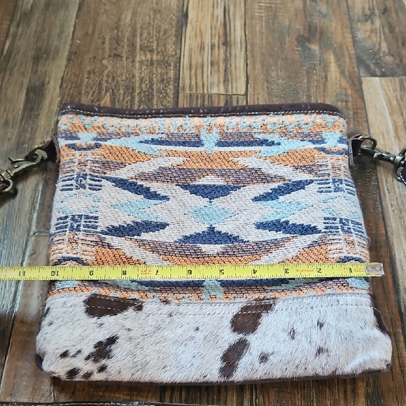 Myra Bag Brown Cream & Blue Aztec Print/ Calf Hair/ Cow Print Crossbody Bag - Picture 8 of 8